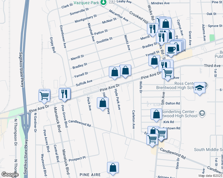 map of restaurants, bars, coffee shops, grocery stores, and more near 3 Princess Avenue in Bay Shore