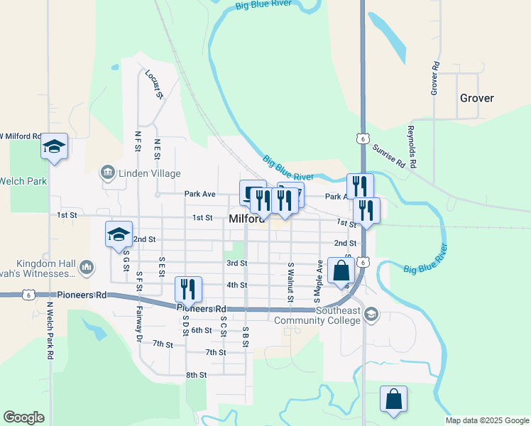 map of restaurants, bars, coffee shops, grocery stores, and more near in Milford