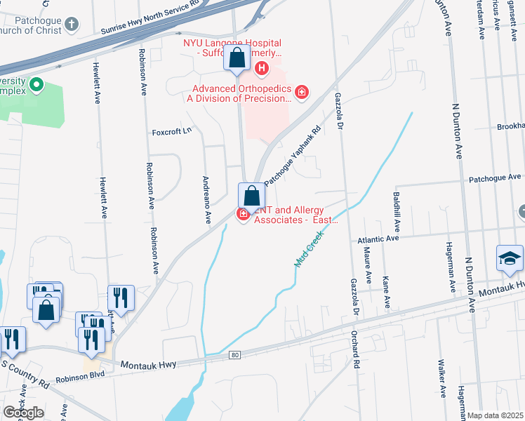 map of restaurants, bars, coffee shops, grocery stores, and more near 260 Patchogue Yaphank Road in East Patchogue