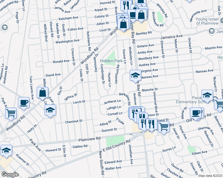 map of restaurants, bars, coffee shops, grocery stores, and more near 18 Hunter Lane in Hicksville