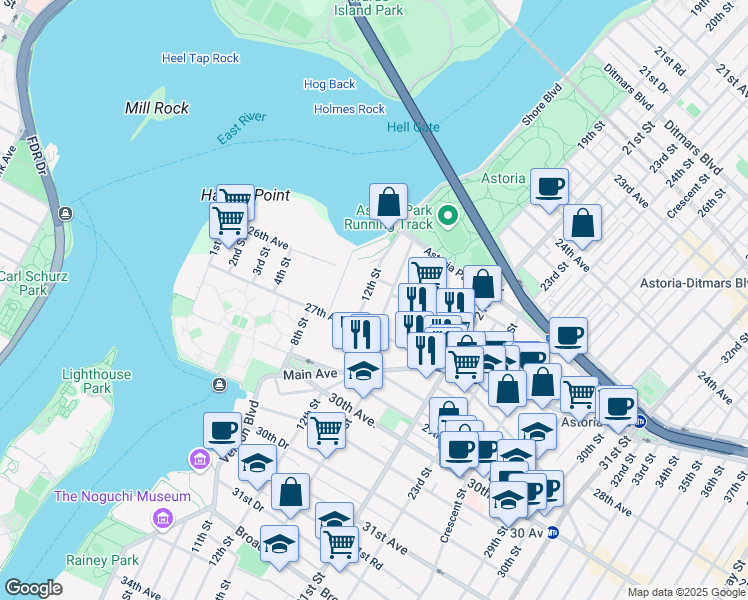 map of restaurants, bars, coffee shops, grocery stores, and more near 26-15 12th Street in Queens