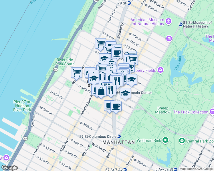 map of restaurants, bars, coffee shops, grocery stores, and more near 155 West 66th Street in New York