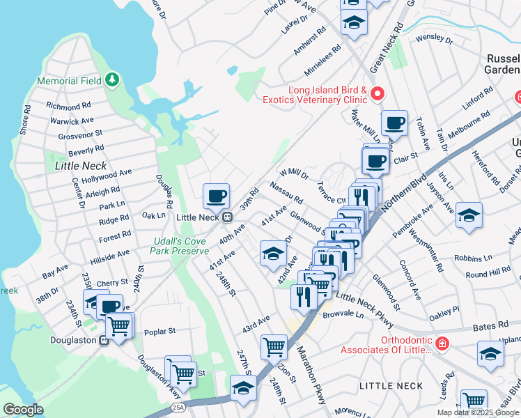 map of restaurants, bars, coffee shops, grocery stores, and more near 254-21 40th Avenue in Queens