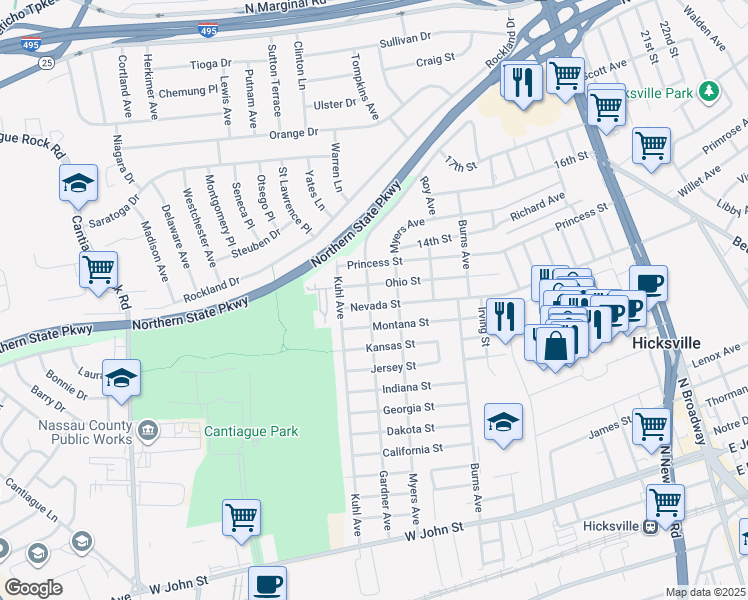 map of restaurants, bars, coffee shops, grocery stores, and more near 226 Nevada Street in Hicksville