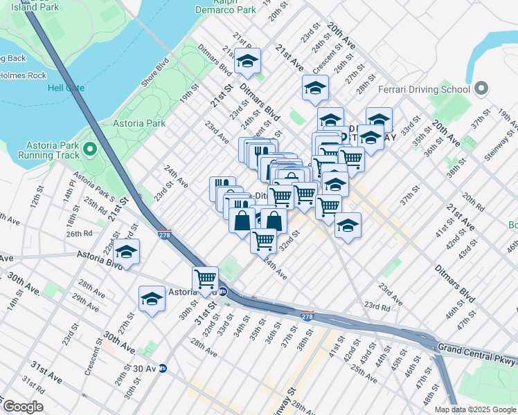 map of restaurants, bars, coffee shops, grocery stores, and more near 23-41 28th Street in Queens
