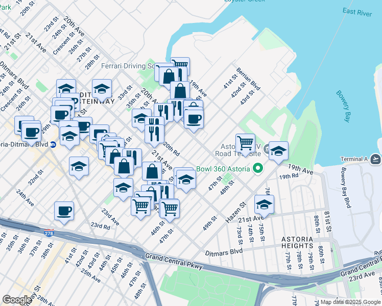 map of restaurants, bars, coffee shops, grocery stores, and more near 20-28 43rd Street in Queens