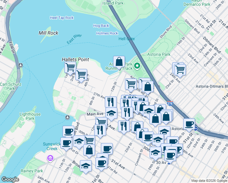map of restaurants, bars, coffee shops, grocery stores, and more near 26-15 12th Street in Queens