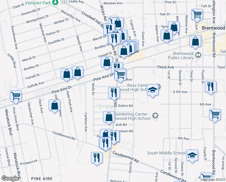 map of restaurants, bars, coffee shops, grocery stores, and more near 1818 5th Avenue in Bay Shore