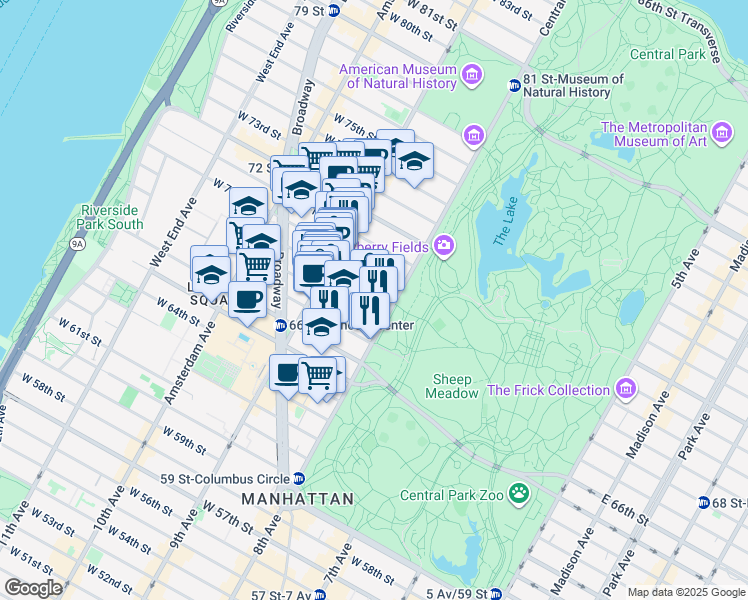 map of restaurants, bars, coffee shops, grocery stores, and more near 16 West 69th Street in New York
