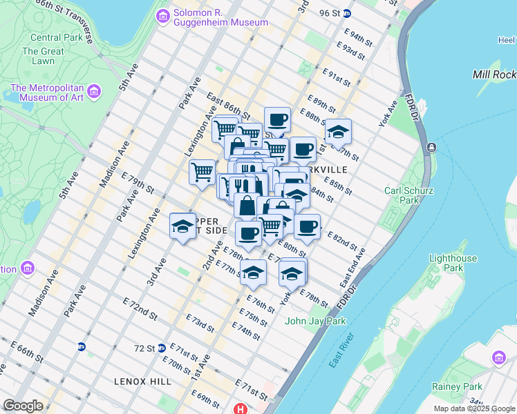 map of restaurants, bars, coffee shops, grocery stores, and more near 313 East 81st Street in New York