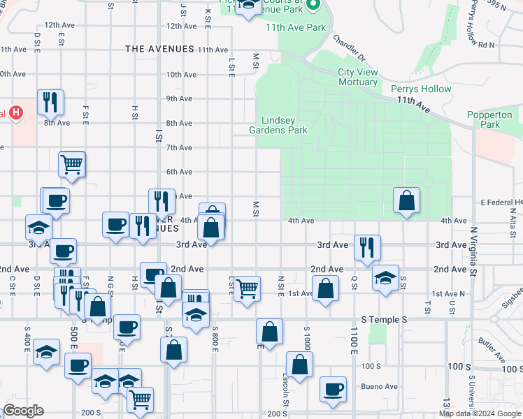 map of restaurants, bars, coffee shops, grocery stores, and more near 218 M Street in Salt Lake City