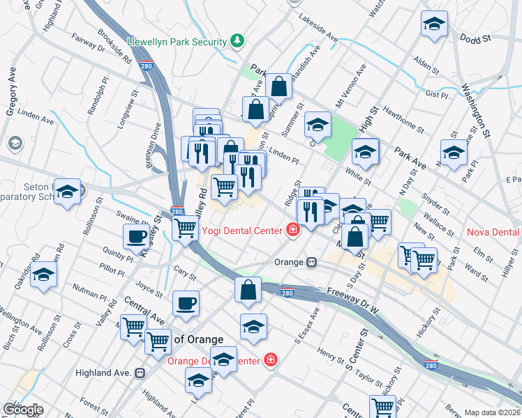 map of restaurants, bars, coffee shops, grocery stores, and more near 498 Main Street in City of Orange