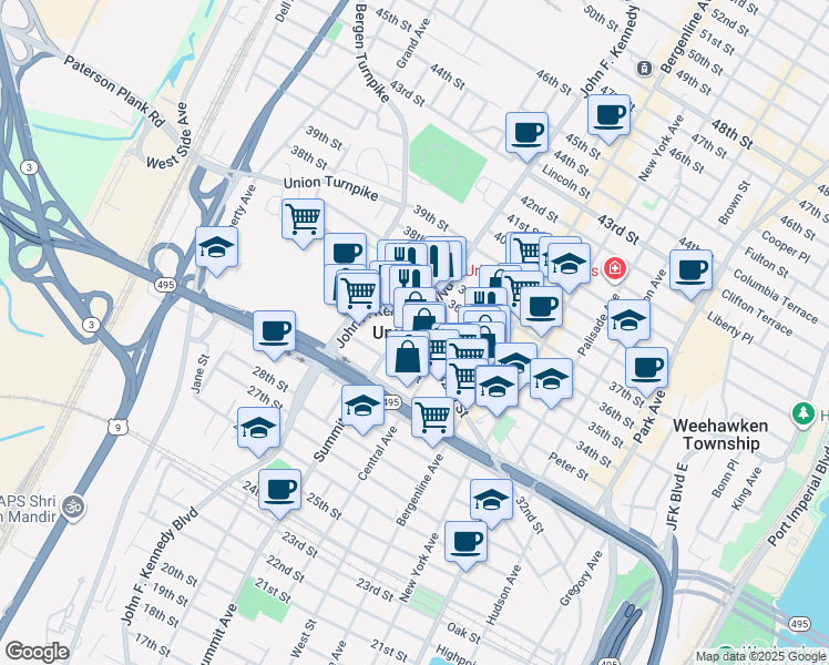 map of restaurants, bars, coffee shops, grocery stores, and more near in Union City