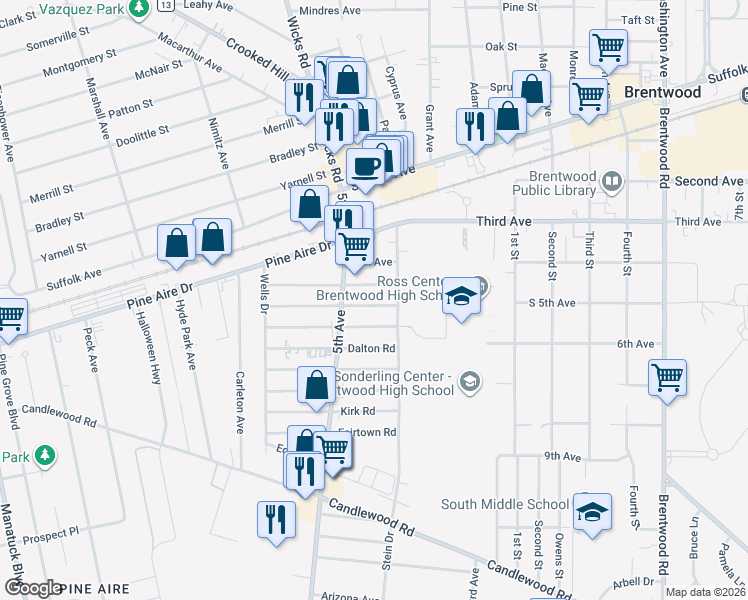 map of restaurants, bars, coffee shops, grocery stores, and more near 47 Bancroft Road in Bay Shore