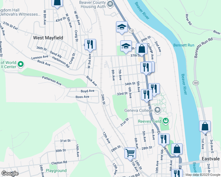 map of restaurants, bars, coffee shops, grocery stores, and more near 803 34th Street in Beaver Falls