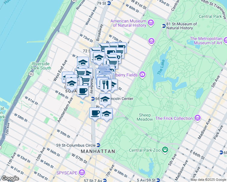 map of restaurants, bars, coffee shops, grocery stores, and more near 43 West 68th Street in New York