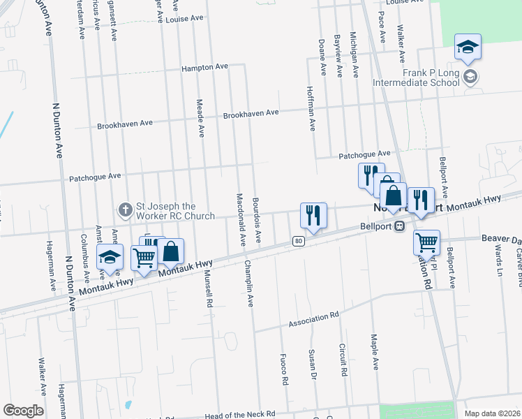 map of restaurants, bars, coffee shops, grocery stores, and more near 503 Bourdois Avenue in Bellport