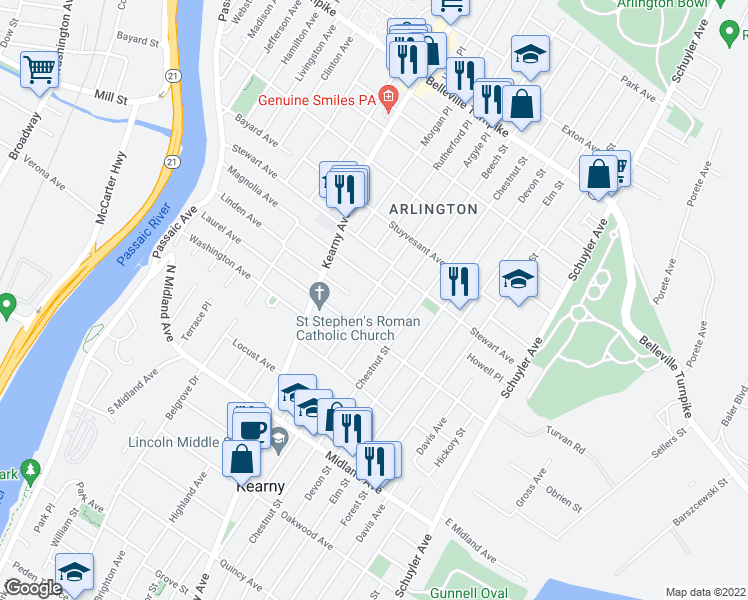 map of restaurants, bars, coffee shops, grocery stores, and more near 126 Argyle Place in Kearny