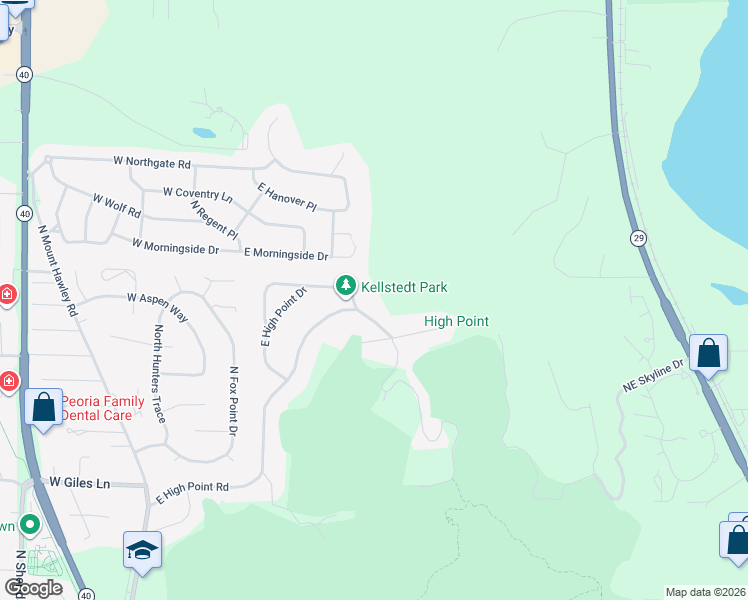 map of restaurants, bars, coffee shops, grocery stores, and more near 501 East High Point Road in Peoria