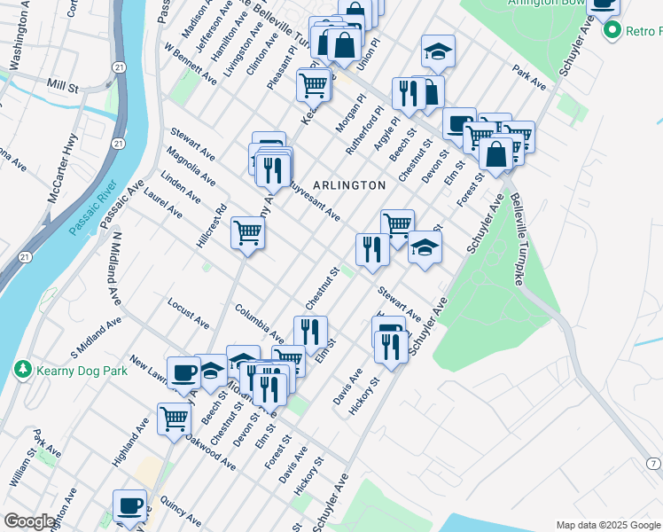 map of restaurants, bars, coffee shops, grocery stores, and more near 695-1/2 Chestnut Street in Kearny