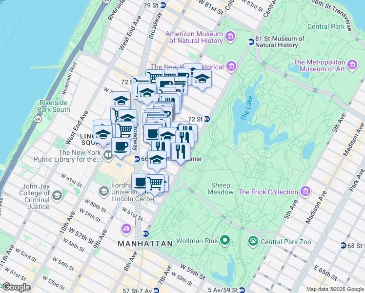 map of restaurants, bars, coffee shops, grocery stores, and more near 28 West 69th Street in New York