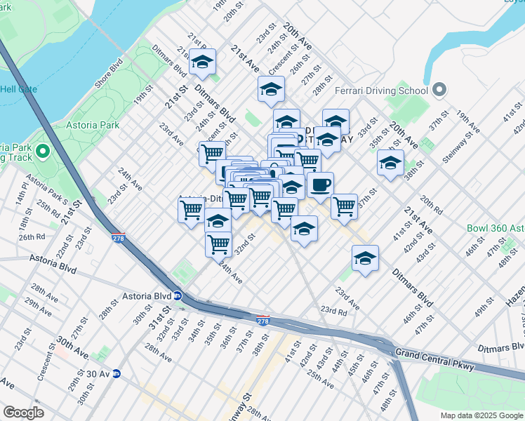 map of restaurants, bars, coffee shops, grocery stores, and more near 2275 31st Street in Queens