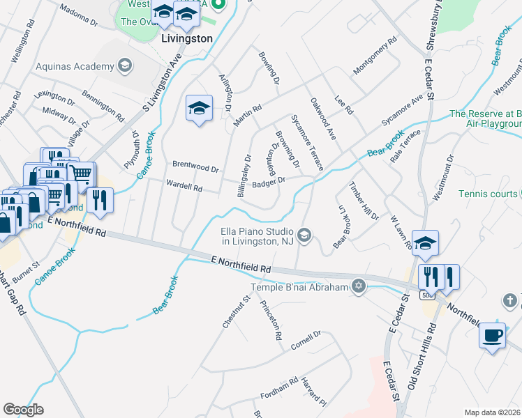map of restaurants, bars, coffee shops, grocery stores, and more near 14 Billingsley Drive in Livingston