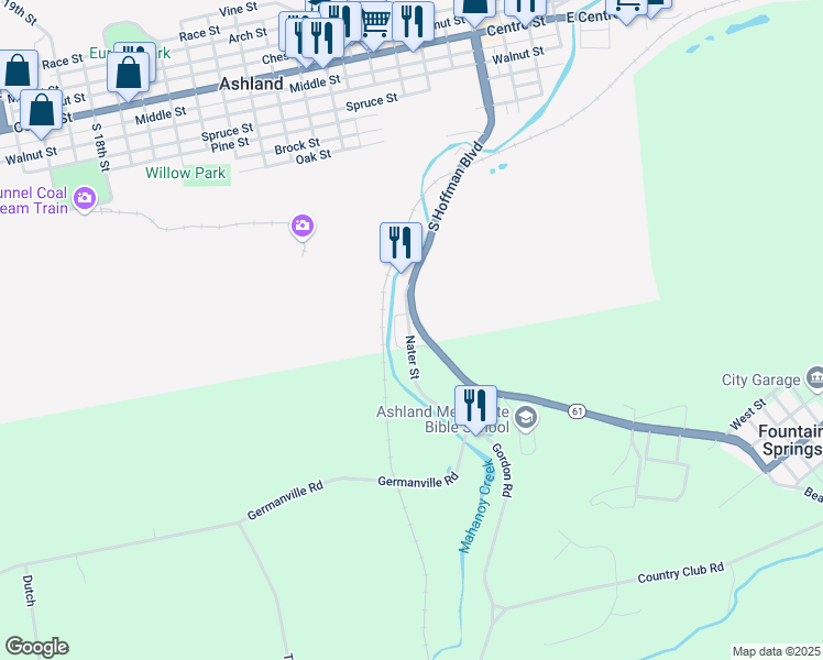 map of restaurants, bars, coffee shops, grocery stores, and more near 32 Nater Street in Ashland