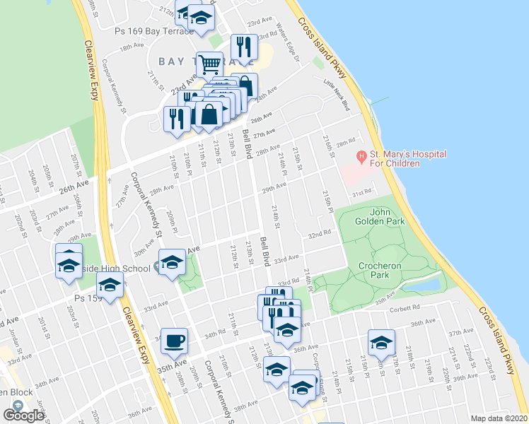 map of restaurants, bars, coffee shops, grocery stores, and more near 29-29 Bell Boulevard in Queens