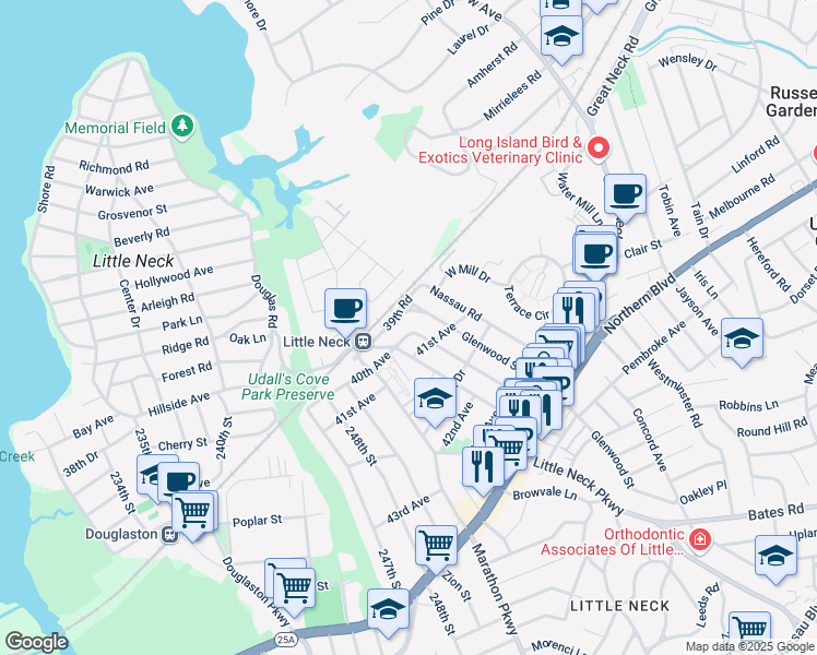 map of restaurants, bars, coffee shops, grocery stores, and more near 254-21 40th Avenue in Queens