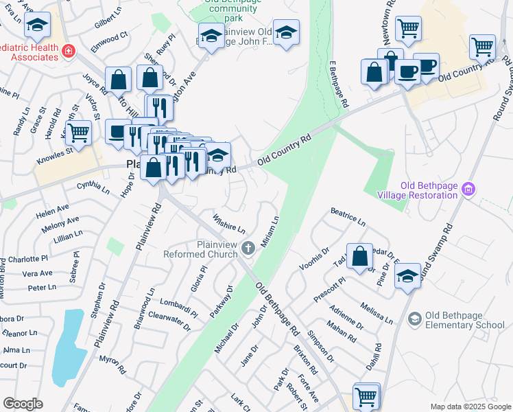 map of restaurants, bars, coffee shops, grocery stores, and more near 28 Fresno Drive in Plainview