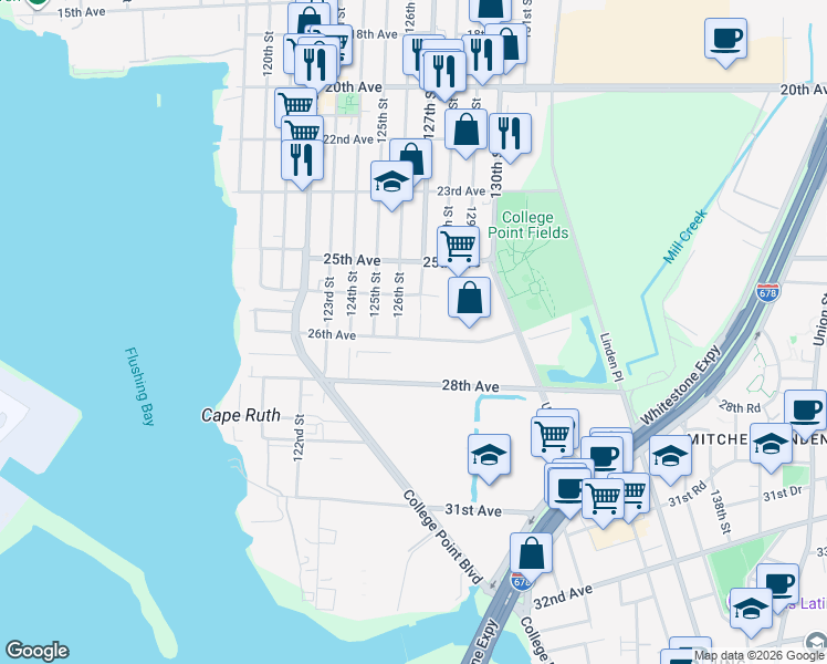 map of restaurants, bars, coffee shops, grocery stores, and more near 25-72 127th Street in Queens