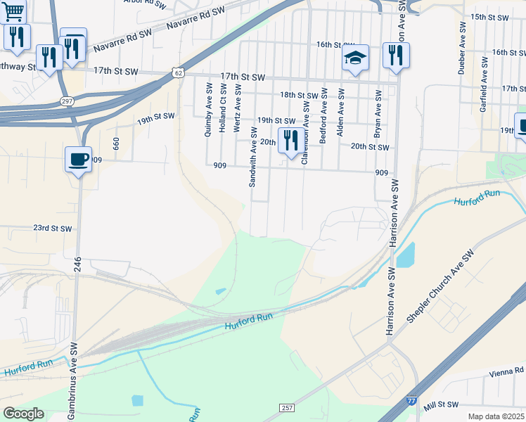 map of restaurants, bars, coffee shops, grocery stores, and more near 2218 Tanner Avenue Southwest in Canton