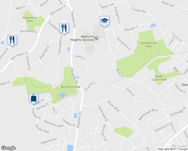 map of restaurants, bars, coffee shops, grocery stores, and more near 39 Tamara Court in Melville