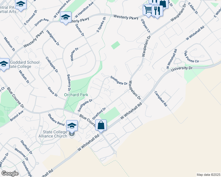 map of restaurants, bars, coffee shops, grocery stores, and more near 1637 Highlandon Court in State College