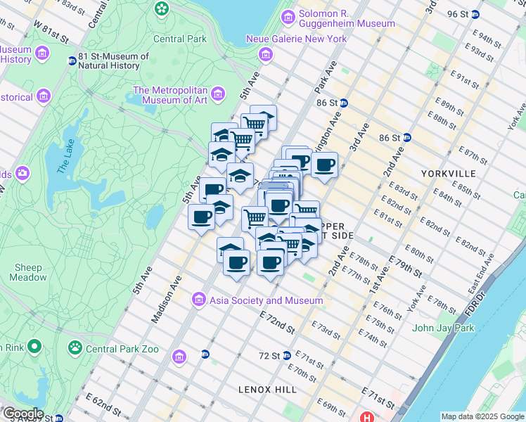 map of restaurants, bars, coffee shops, grocery stores, and more near 108 East 78th Street in New York