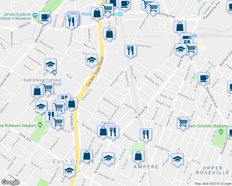 map of restaurants, bars, coffee shops, grocery stores, and more near 27 Madison Avenue in East Orange