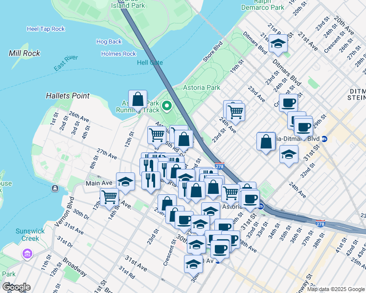map of restaurants, bars, coffee shops, grocery stores, and more near 25-06 21st Street in Queens