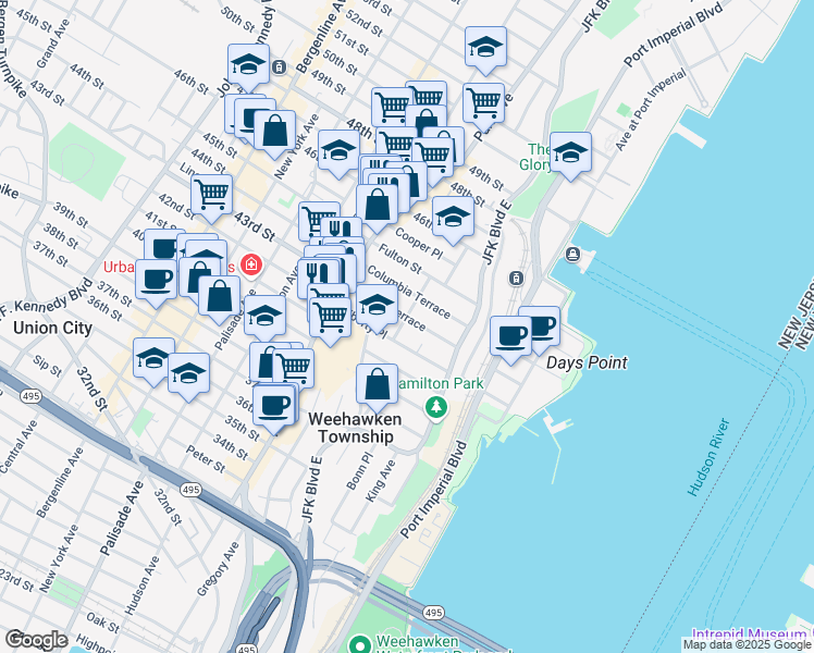 map of restaurants, bars, coffee shops, grocery stores, and more near 43 Clifton Terrace in Weehawken