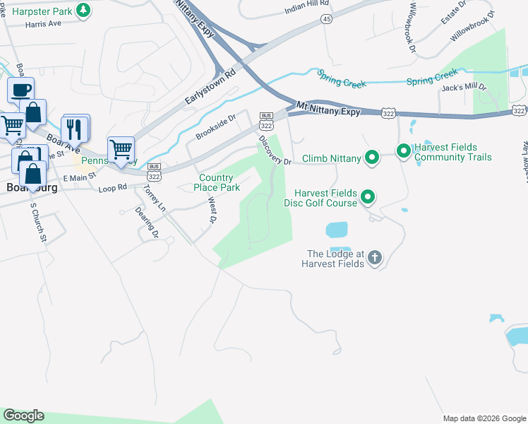 map of restaurants, bars, coffee shops, grocery stores, and more near 189 Kestrel Lane in Boalsburg