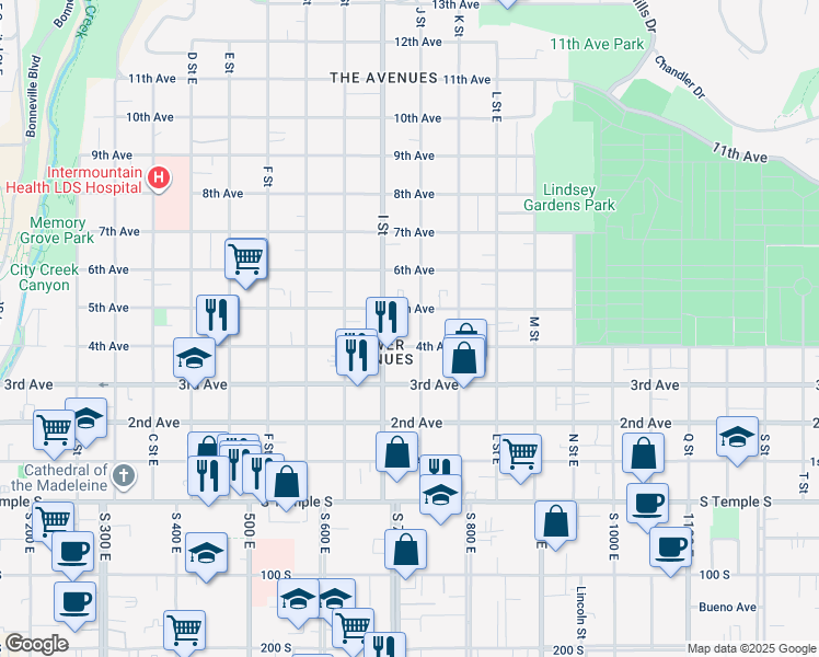 map of restaurants, bars, coffee shops, grocery stores, and more near 220 J Street in Salt Lake City