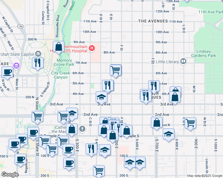 map of restaurants, bars, coffee shops, grocery stores, and more near 222 E Street East in Salt Lake City