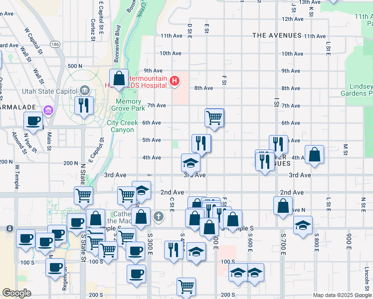 map of restaurants, bars, coffee shops, grocery stores, and more near 217 D Street East in Salt Lake City