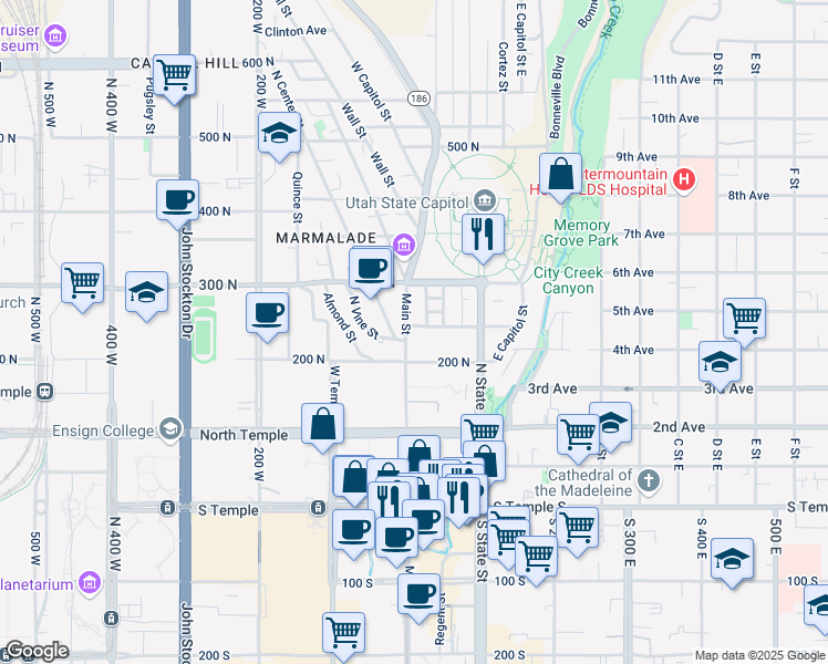 map of restaurants, bars, coffee shops, grocery stores, and more near 222 Main Street in Salt Lake City