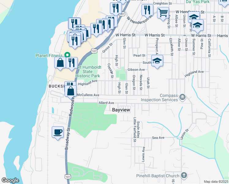 map of restaurants, bars, coffee shops, grocery stores, and more near 3565 Cottage Street in Eureka