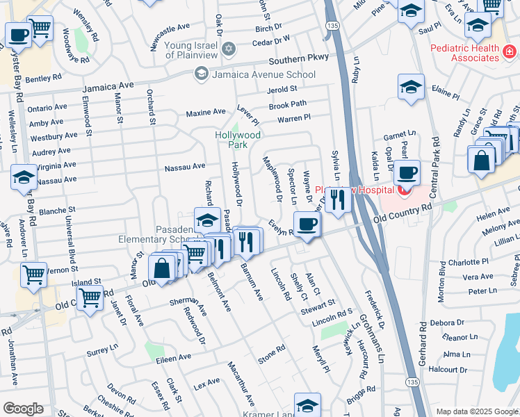 map of restaurants, bars, coffee shops, grocery stores, and more near 6 Shelter Hill Road in Plainview