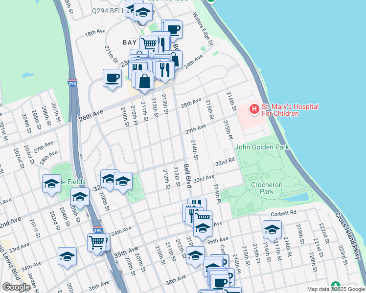 map of restaurants, bars, coffee shops, grocery stores, and more near 29-29 Bell Boulevard in Queens