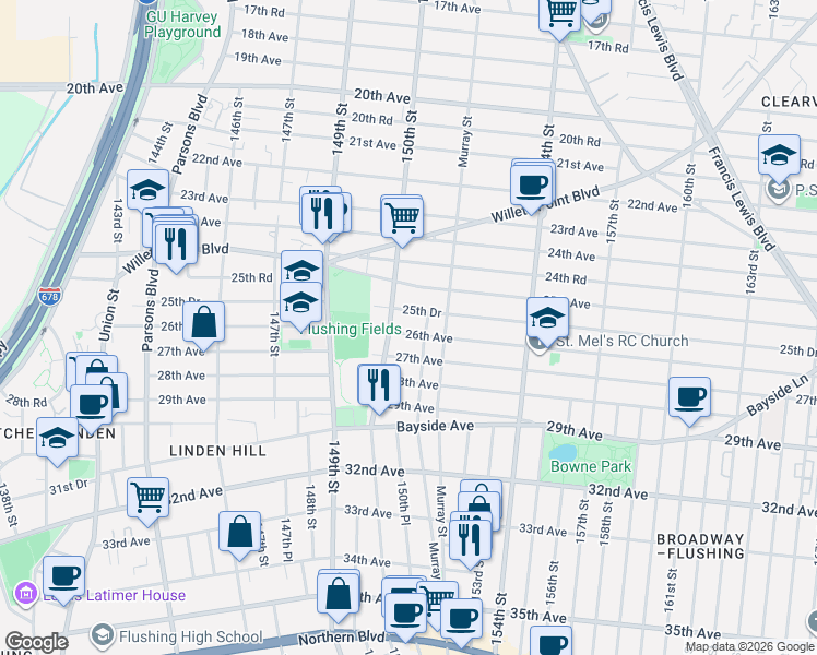map of restaurants, bars, coffee shops, grocery stores, and more near 25-47 150th Street in Queens