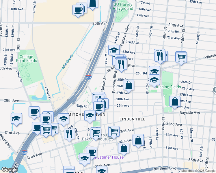 map of restaurants, bars, coffee shops, grocery stores, and more near 142-20 26th Avenue in Queens