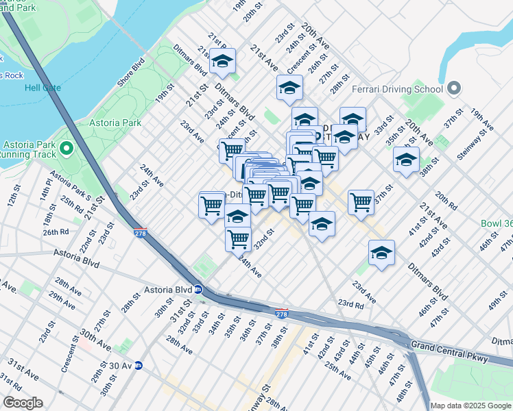 map of restaurants, bars, coffee shops, grocery stores, and more near 2302a 31st Street in Queens